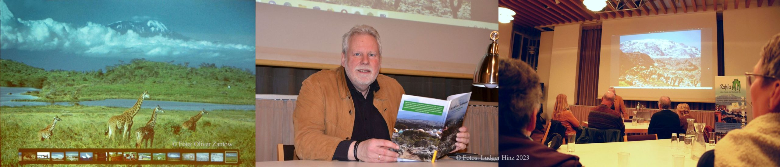 Bergbesteigung des Kilimandscharo vor ortsüblicher Kulisse (von links): Giraffen am Kilimandscharo, Oliver Zantow während der Lesung und der gut gefüllte Saal im Kellinghusener Bürgerhaus. Fotos: Oliver Zantow (links) und Ludger Hinz (2).